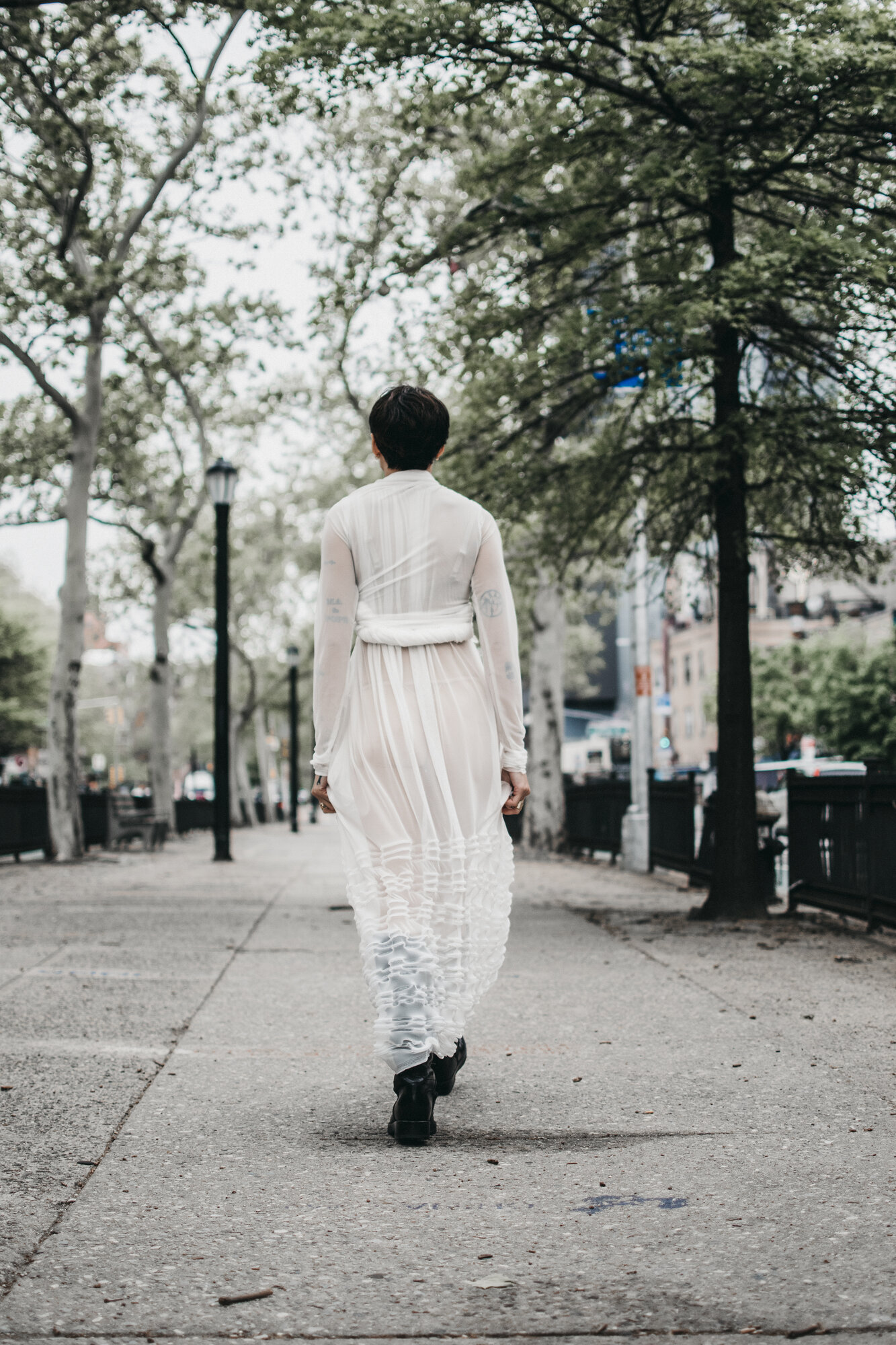 Street style, cream dress back view